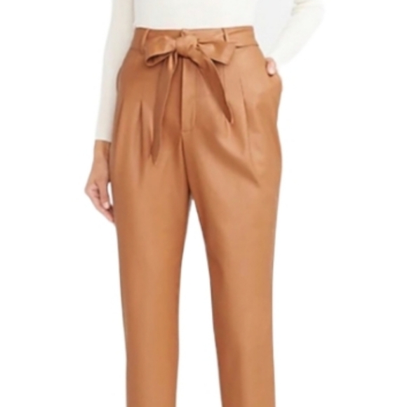 𝅺NEW! EXPRESS Tan Vegan Leather Pleated Tie Waist Ankle Pants Trousers XL. - Picture 2 of 7
